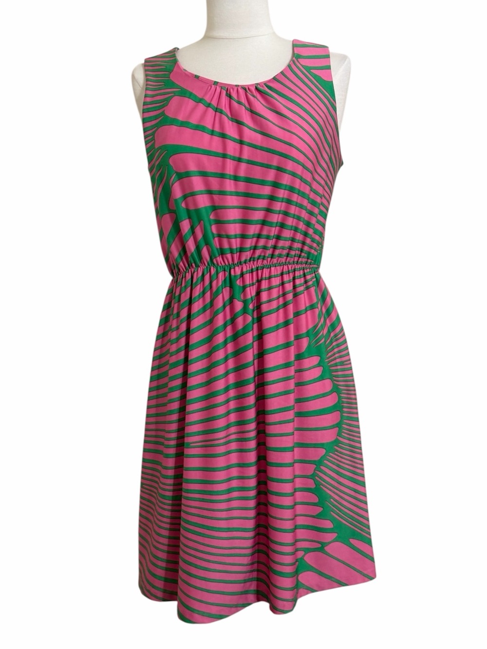 Julie Brown Pink Green A-Line Abstract Stripe Print Sleeveless Knee Length Dress